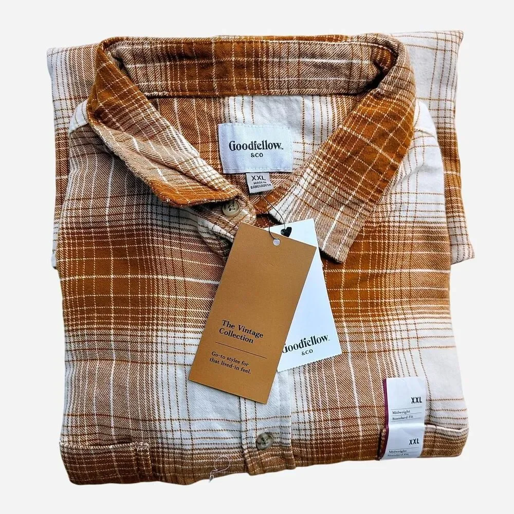 Goodfellow & Co. Vintage Collection Orange & White Plaid Flannel Shirt Size XXL